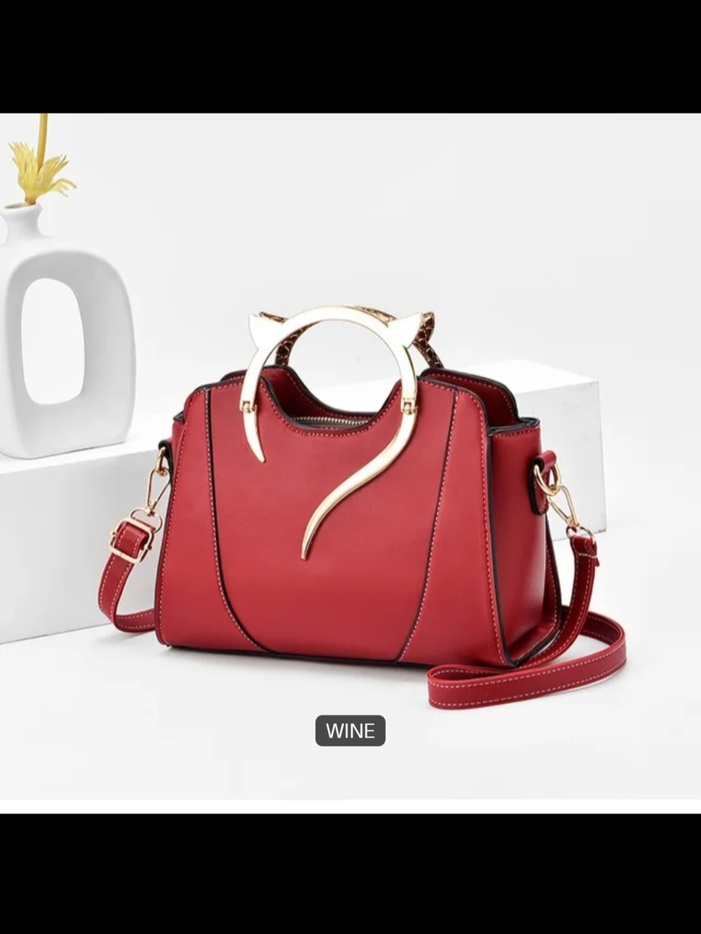 Stylish Wine Red Women's Satchel with Gold Cat-Handle